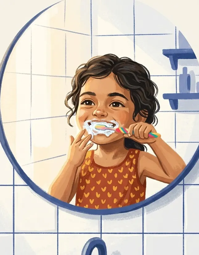 Ilustración de una niña cepillándose los dientes frente al espejo