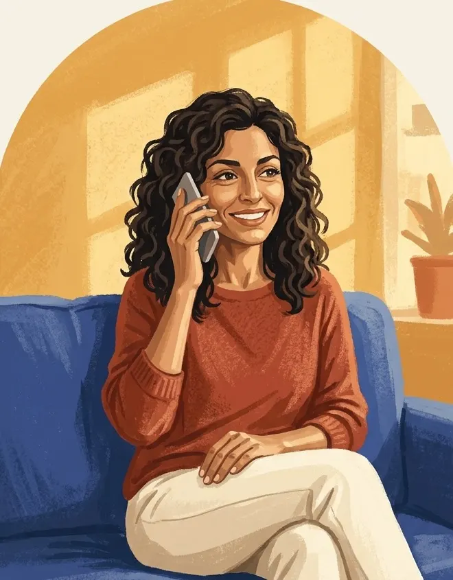 Ilustración de una mujer hablando por teléfono para pedir cita